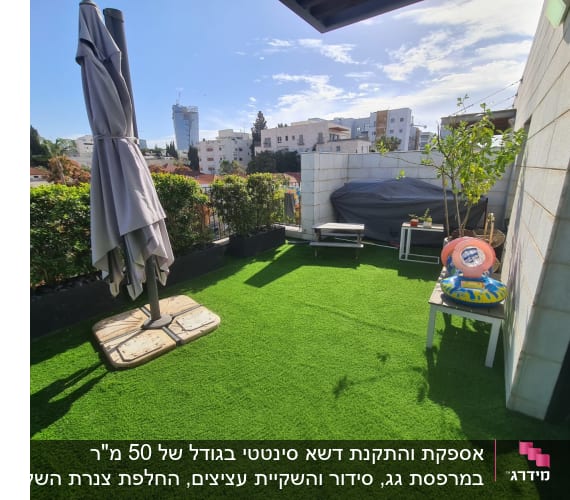 עציצים על דשא סינתטי במרפסת